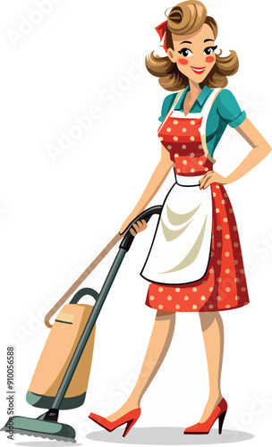 Beautiful woman in red polka dot dress vacuuming the floor