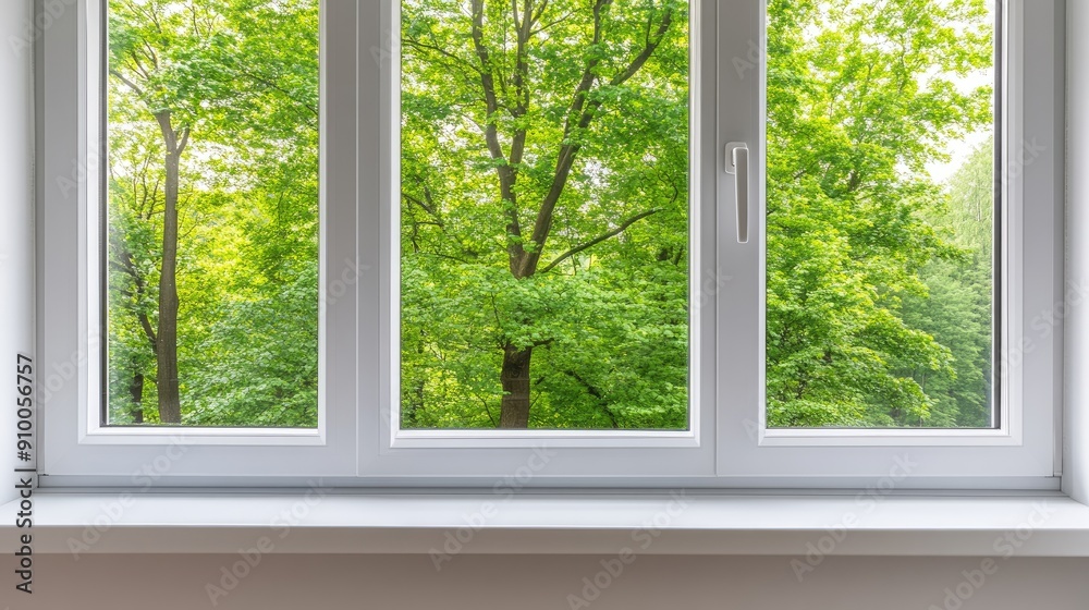 A view of lush green trees from a modern white window, showcasing nature's beauty in a bright residential setting on a sunny day A view of lush green trees from a modern white window, showcasing nature's beauty in a bright residential setting on a sunny day