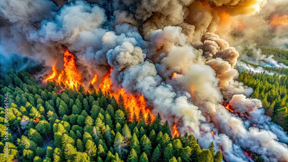 Fototapeta premium Aerial view of a forest fire, with billowing smoke and flames engulfing the trees, wildfire, forest, flames, smoke