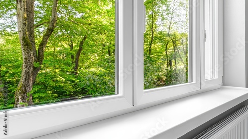 A view of lush green trees from a modern white window, showcasing nature's beauty in a bright residential setting on a sunny day