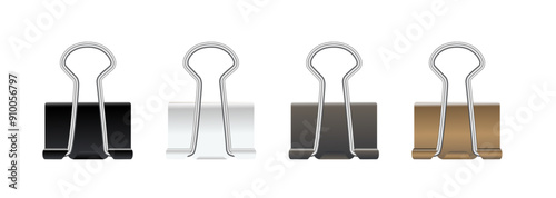 Realistic paper clips. Black white gold silver binder clip, paper holder. Vector