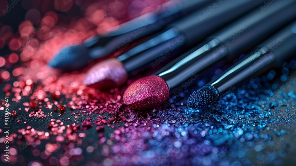 Vibrant Makeup Brushes with Colorful Glitter on Dark Background - Beauty and Fashion Concept Vibrant Makeup Brushes with Colorful Glitter on Dark Background - Beauty and Fashion Concept