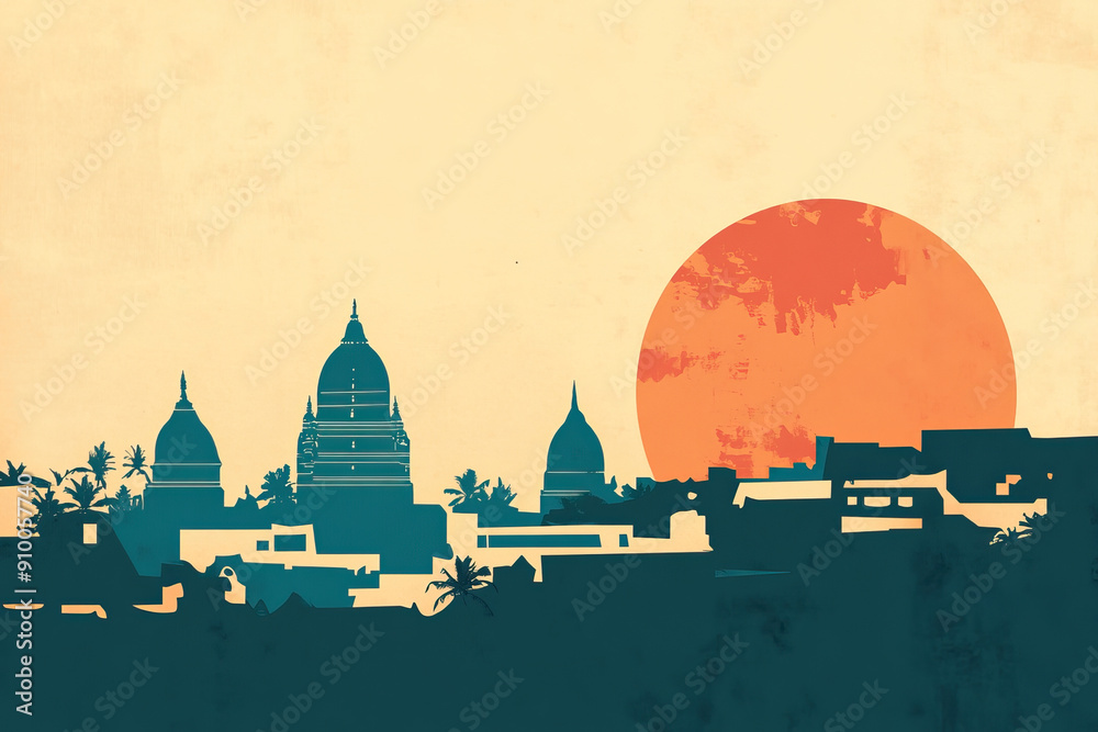 Obraz premium Risograph retro riso print travel poster, card, wallpaper or banner illustration, modern, isolated, clear, simple of Warangal, India. Artistic, screen printing, stencil