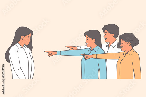 Woman office employee suffers from bullying and ridicule from colleagues pointing finger at girl