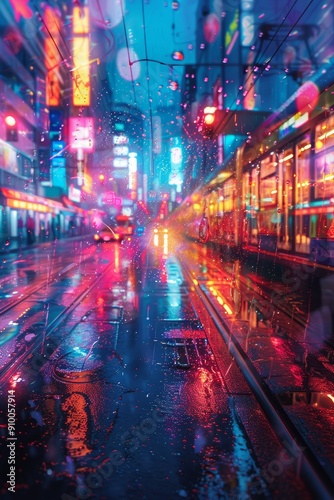 Vibrant Night Cityscape with Neon Lights and Reflections on Wet Street in Urban Downtown