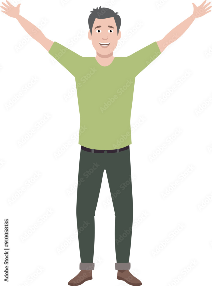 Happy man raising hands in celebration with a big smile on his face Happy man raising hands in celebration with a big smile on his face