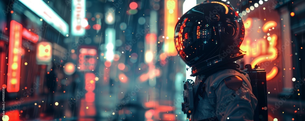 Astronaut in Futuristic Neon Cityscape at Night with Vibrant Lights and Rain Astronaut in Futuristic Neon Cityscape at Night with Vibrant Lights and Rain