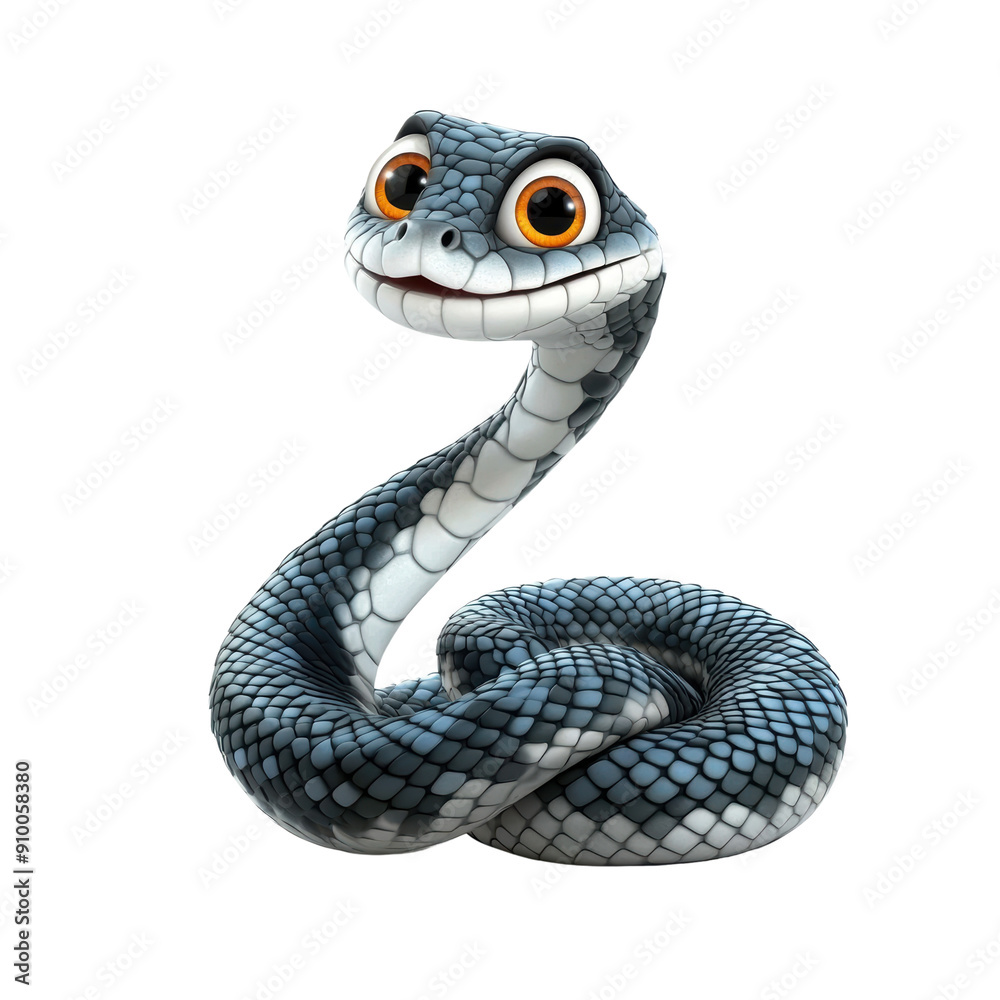 Naklejka premium A cartoon snake with yellow eyes and a smile on its face. The snake is curled up and he is happy