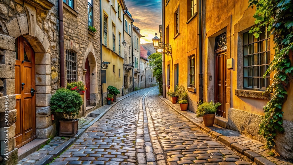 Narrow cobblestone street in the historic old town of Europe , Old town, historic, charming, cobblestone, narrow Narrow cobblestone street in the historic old town of Europe , Old town, historic, charming, cobblestone, narrow