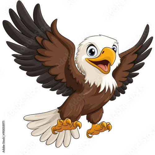 A cartoon eagle is flying with its wings spread wide. It has a big smile on its face and is making a funny noise