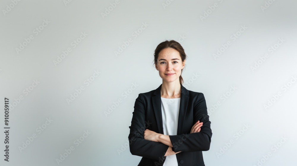 Portrait of middle aged confident businesswoman, business lady standing with crossed arms isolated on grey background. Smiling successful young European woman in suit, looking at camera, copy space Portrait of middle aged confident businesswoman, business lady standing with crossed arms isolated on grey background. Smiling successful young European woman in suit, looking at camera, copy space