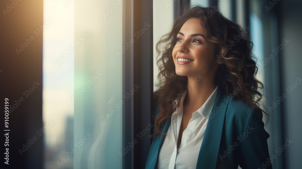 A confident young businesswoman smiles and looks out the office window. A confident young businesswoman smiles and looks out the office window.