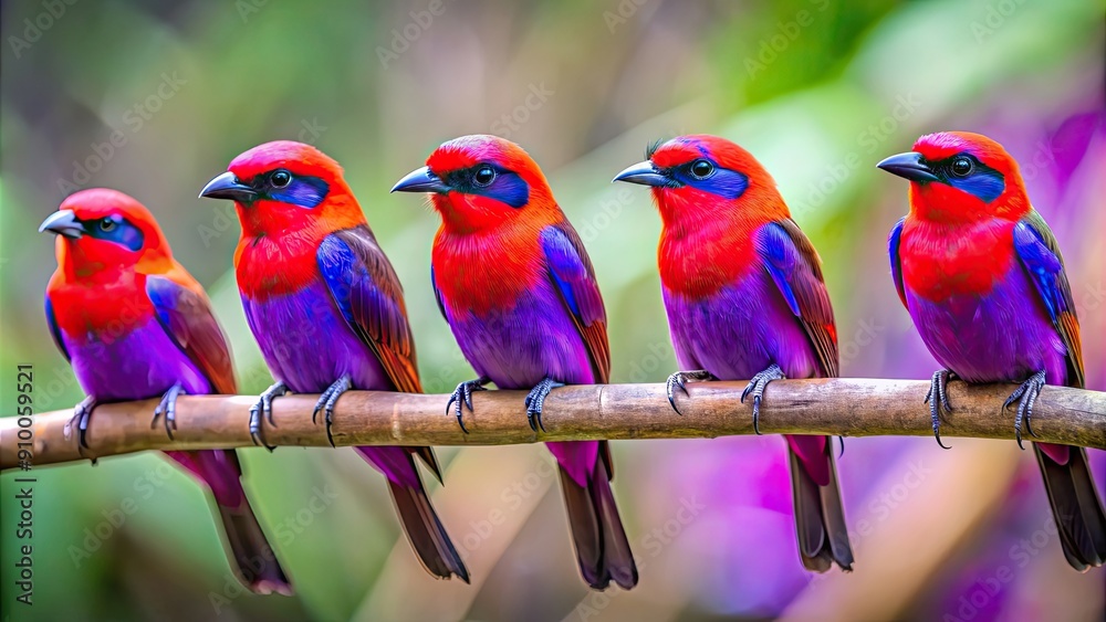 Obraz premium Vibrant purple and red birds perched on a branch , beautiful, colorful, exotic, plumage, feathered, wildlife, nature