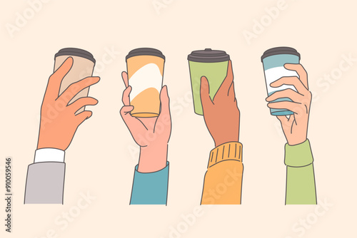Disposable cups of coffee in hands of people who like to drink hot takeaway drinks while walking