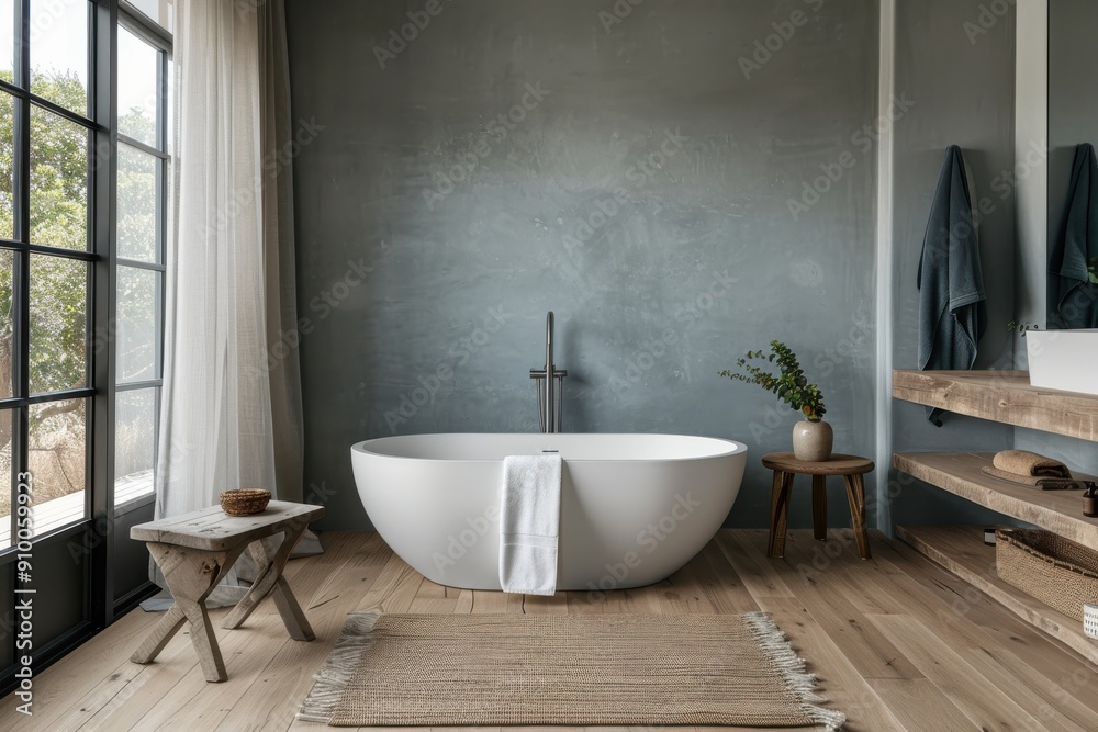 A minimalist bathroom setting featuring a pristine freestanding tub, a small wooden stool, and large windows, presenting a calm and bright environment. A minimalist bathroom setting featuring a pristine freestanding tub, a small wooden stool, and large windows, presenting a calm and bright environment.