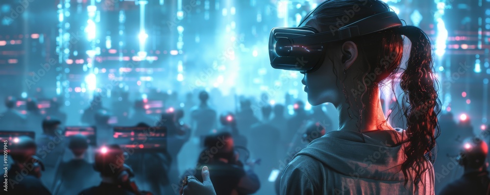 Woman Immersed in Virtual Reality at Futuristic Event with Neon Lights and Digital Crowd Woman Immersed in Virtual Reality at Futuristic Event with Neon Lights and Digital Crowd
