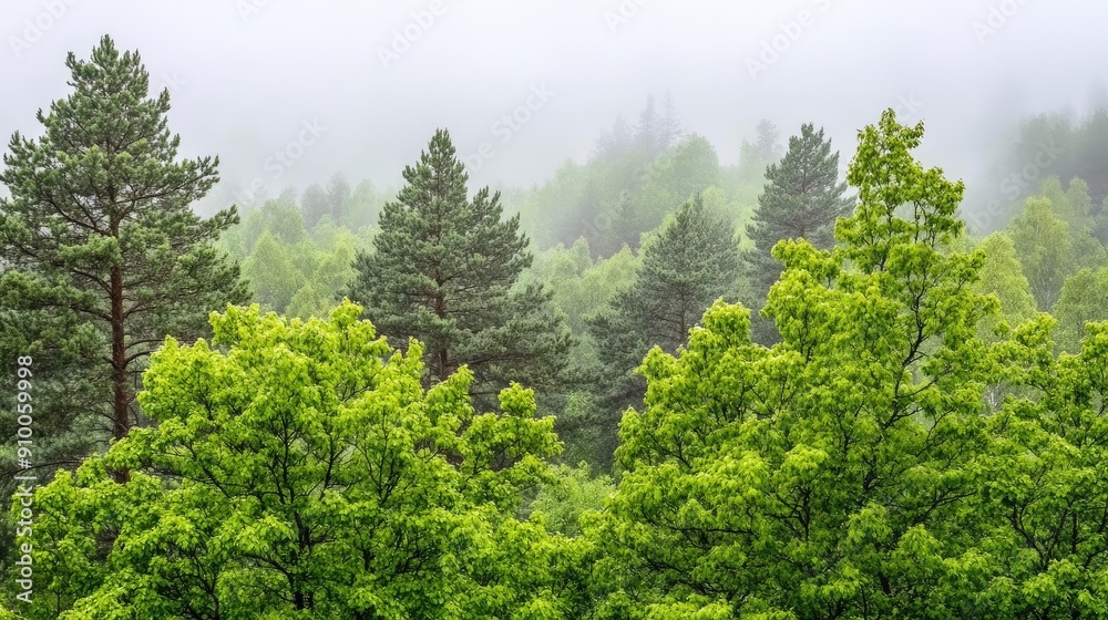 Mist envelops a dense evergreen forest, showcasing a vibrant array of green trees under soft morning light. Mist envelops a dense evergreen forest, showcasing a vibrant array of green trees under soft morning light.