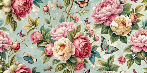 Fototapeta Naklejka Na Ścianę i Meble -  Vintage floral seamless pattern with peonies, roses, and butterflies, vintage, floral, seamless, pattern, peonies, roses