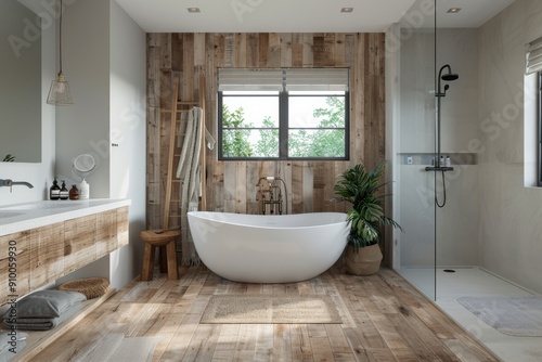 A rustic bathroom that combines wooden floorboards with a modern freestanding tub, a window view, and indoor plants, offering a blend of nature and luxury. photo