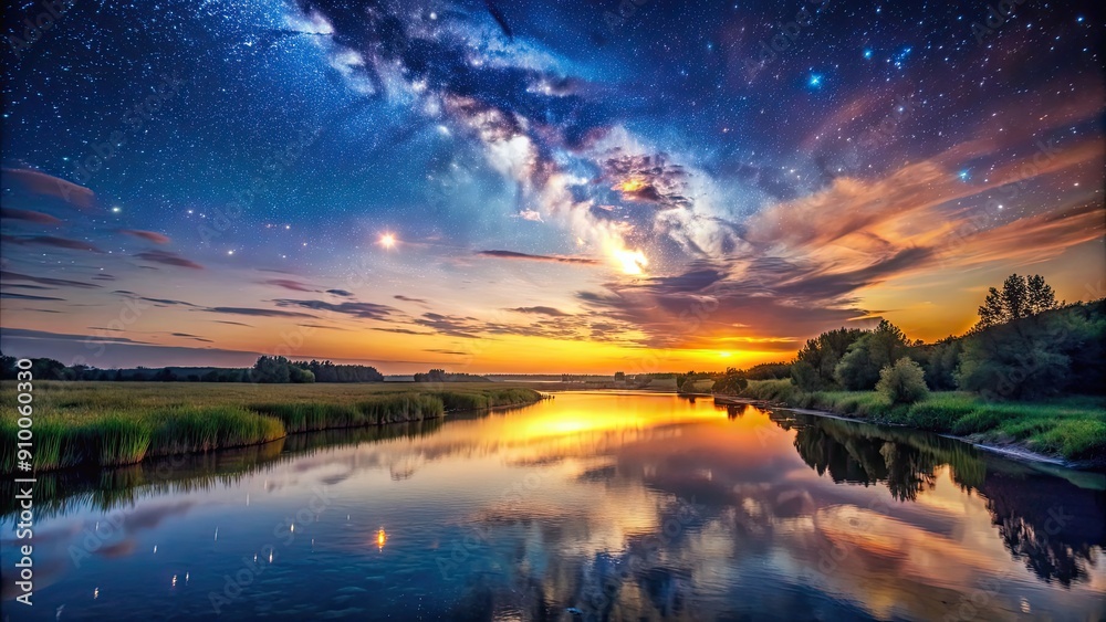 Sunset over the river with a view to the stars, sunset, river, stars, sky, reflection, nature, peaceful, tranquil, dusk Sunset over the river with a view to the stars, sunset, river, stars, sky, reflection, nature, peaceful, tranquil, dusk