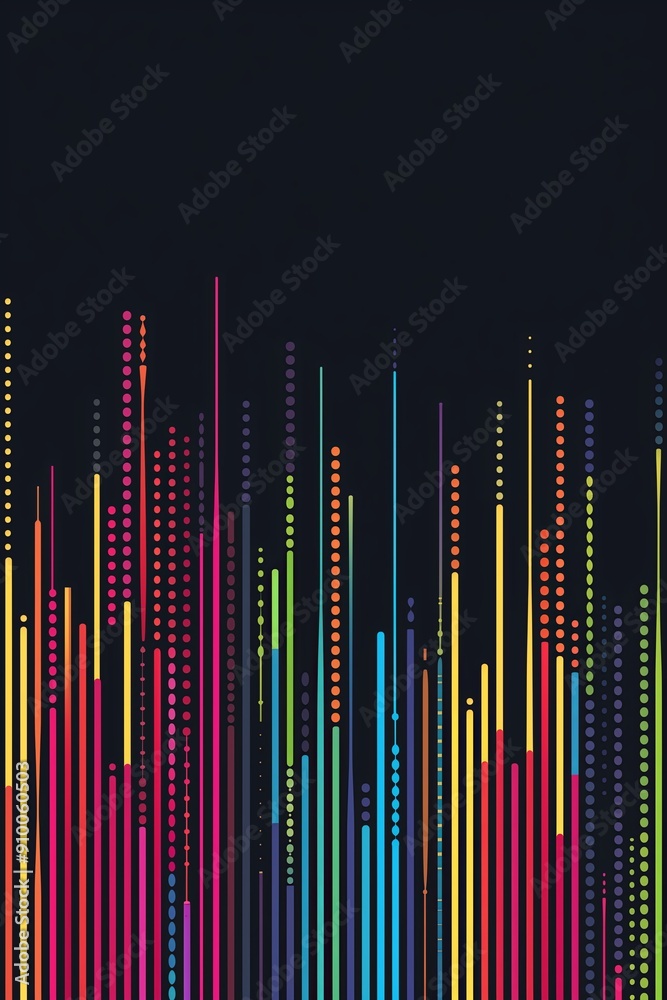 Flat vertical poster design, solid black background with neon-colored equalizer bars, space for text Flat vertical poster design, solid black background with neon-colored equalizer bars, space for text