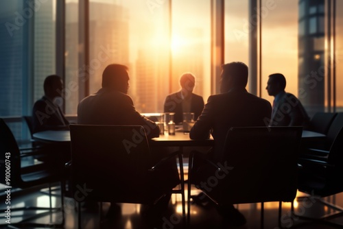 blurred silhouette of business people in a dark meeting room 