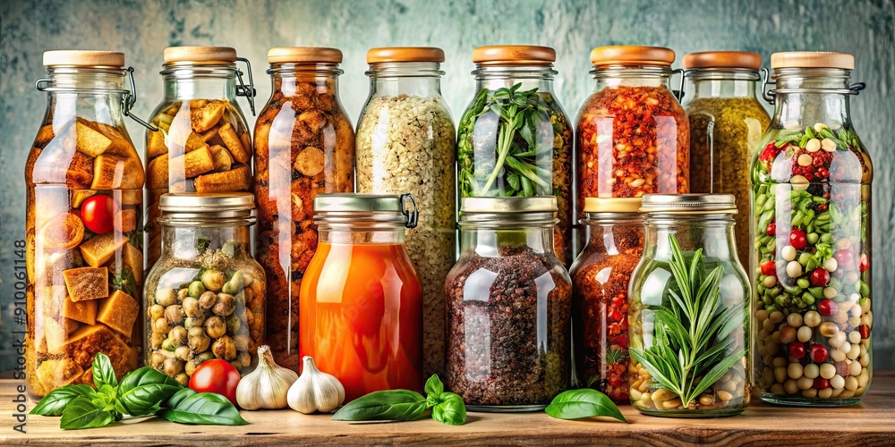 Intricate pattern of bottles, pizza jars, and herbs, pattern, bottles, jars, herbs, food, spices, kitchen Intricate pattern of bottles, pizza jars, and herbs, pattern, bottles, jars, herbs, food, spices, kitchen