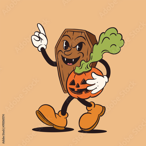 Retro groovy Halloween mascot set. Isolated cartoon vector funny characters, wooden coffin with a pumpkin and a smoke, with spooky and funny expression during party night celebration