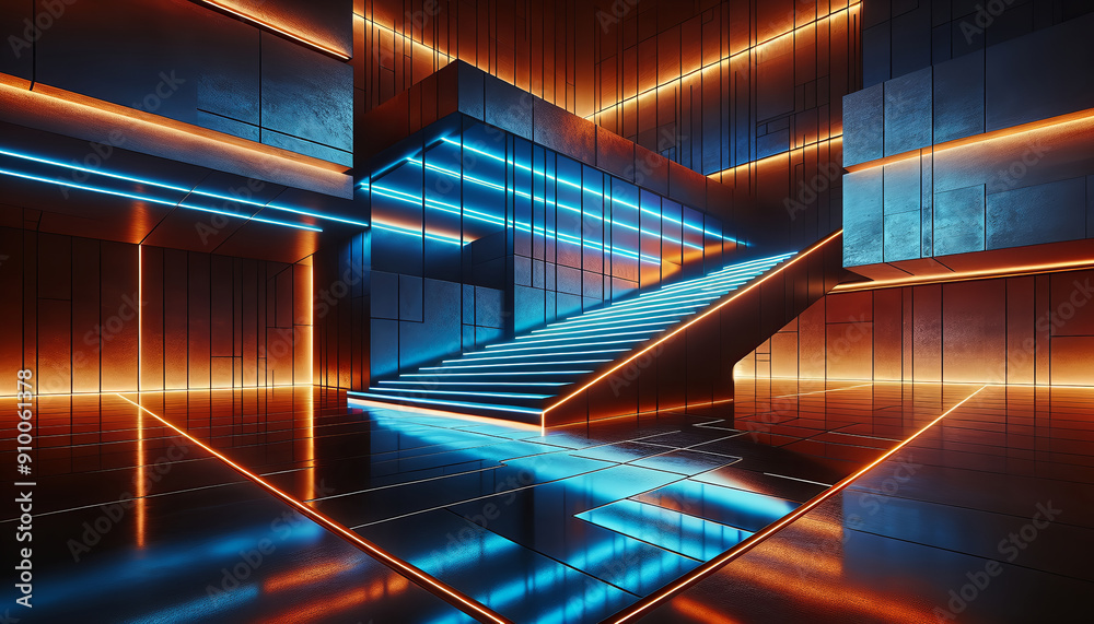 Obraz premium Utopian, minimalist staircase bathed in neon. Sleek, angular architecture. Dark, reflective floor. 