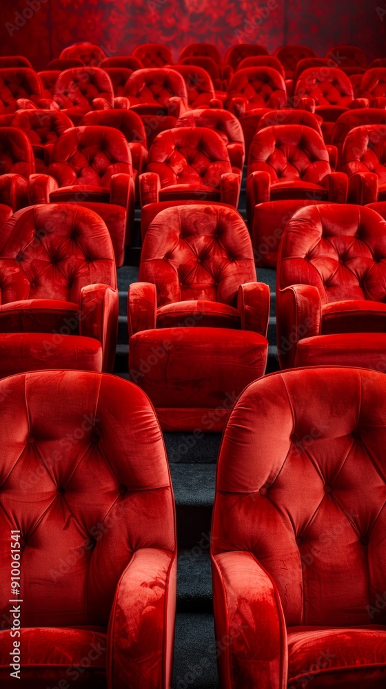 Fototapeta premium Luxurious Red Velvet Theater Seats in an Empty Auditorium with Dramatic Lighting