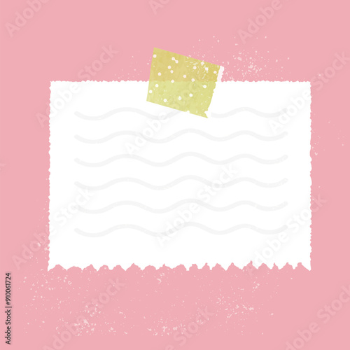Wavy lined note, memo sheet taped with sticky ripped sticker. Memory message blank vector template