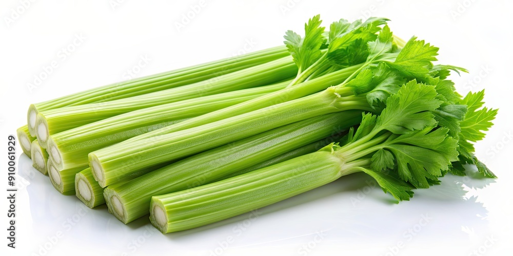 Fresh green celery on a white background, vegetable, healthy, organic, diet, food, nutrition, ingredient, raw, crunchy, stalk, green Fresh green celery on a white background, vegetable, healthy, organic, diet, food, nutrition, ingredient, raw, crunchy, stalk, green