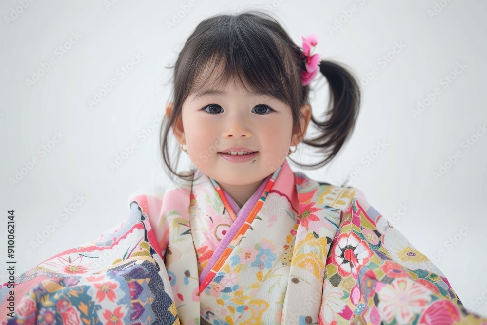 A cute Japanese girl wearing a high-contrast colorful kimono and a random hairstyle poses against a white background. A cute Japanese girl wearing a high-contrast colorful kimono and a random hairstyle poses against a white background.