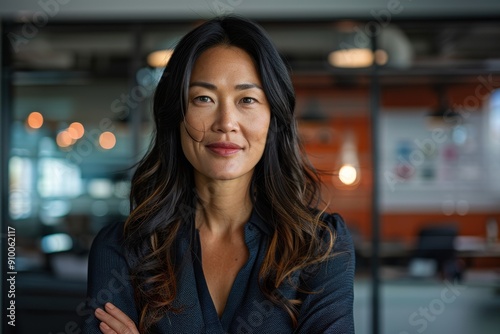 A confident woman with long, dark hair, dressed in a navy shirt, posed with arms crossed against a modern office backdrop with warm lighting and glass panels.