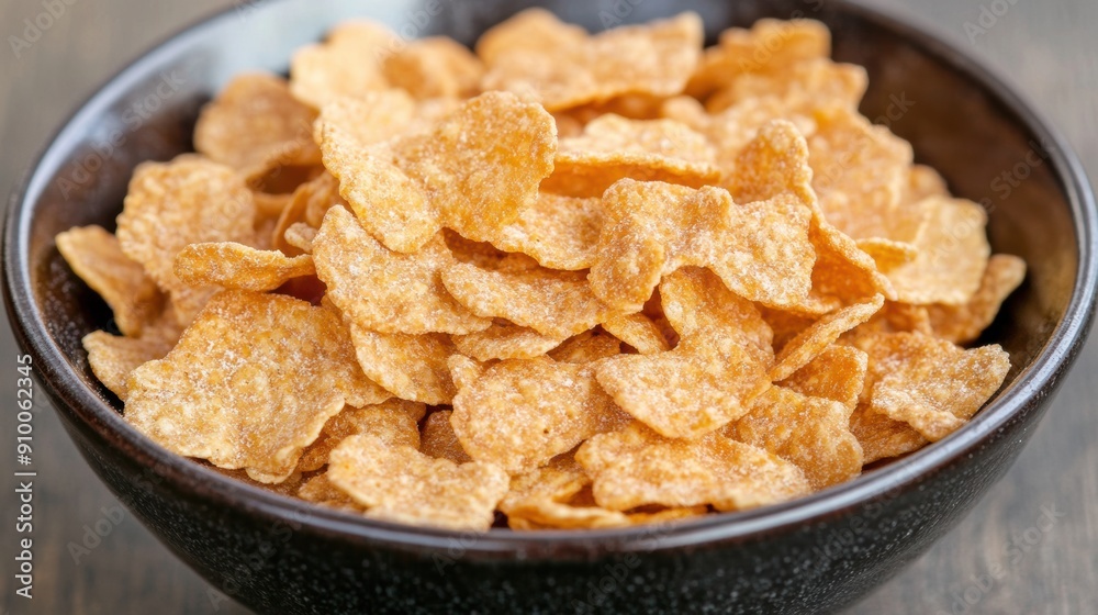Close-up of crispy golden cornflakes in black bowl