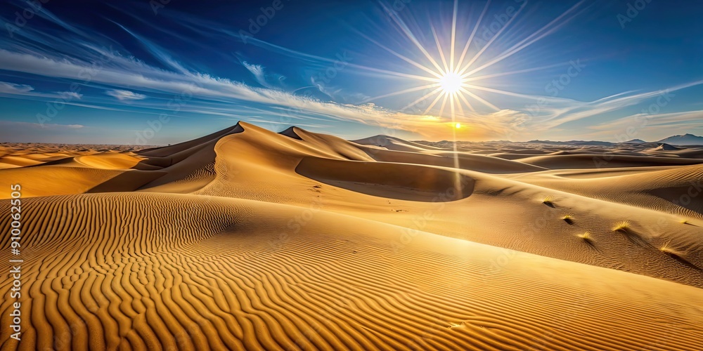 Naklejka premium Sand dunes glowing under the bright sunlight , desert, hot, arid, dry, sand, landscape, nature, outdoors, sunny, heat, shadows