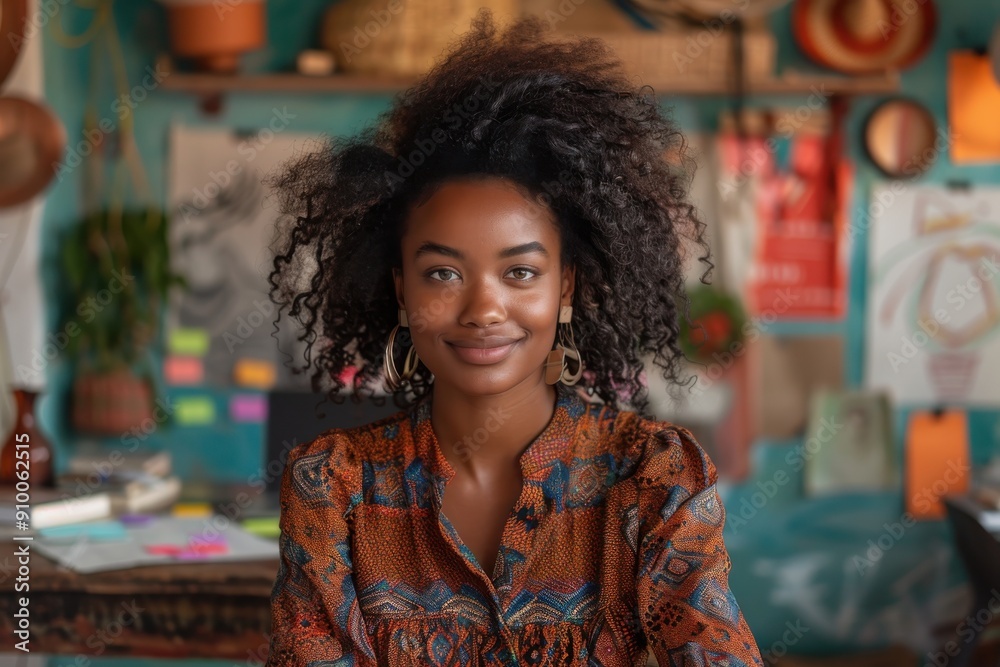 A happy woman with full curly hair sits contentedly in a vibrant and artistic studio setting, surrounded by creative tools, capturing the essence of positivity and creative expression.