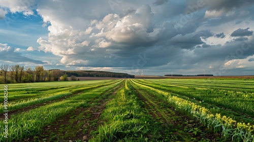 Green Field With Rows of Crops Under Cloudy Skies