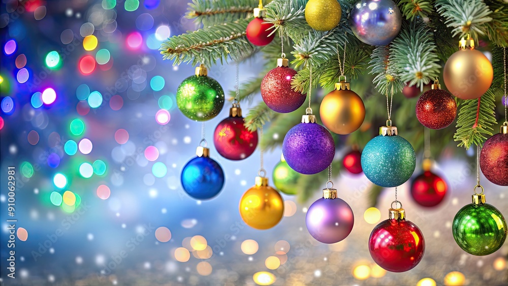 Colorful Christmas baubles hanging from a tree , festive, decorations, ornaments, holiday, red, gold, green, shiny Colorful Christmas baubles hanging from a tree , festive, decorations, ornaments, holiday, red, gold, green, shiny