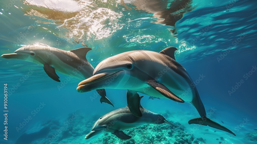 Obraz premium Dolphins swimming gracefully underwater, their sleek bodies gliding through the clear blue ocean. The sunlight filtering through the water enhances the beauty of this aquatic scene.