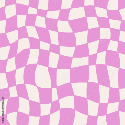 Pattern psychedelic checkerboard. Groovy retro wavy checkered texture. Psychedelic modern playful lilac and white background. Retro graphic y2k design. Twisted and distorted trendy vector illustration