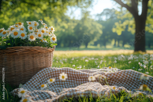 Fototapeta Naklejka Na Ścianę i Meble -  Whimsical scene of a cooling blanket being used on a picnic in a sunny meadow, with a refreshing breeze,