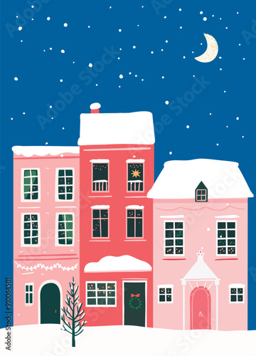 Cute european houses, Christmas eve scene, winter snowy night illustration
