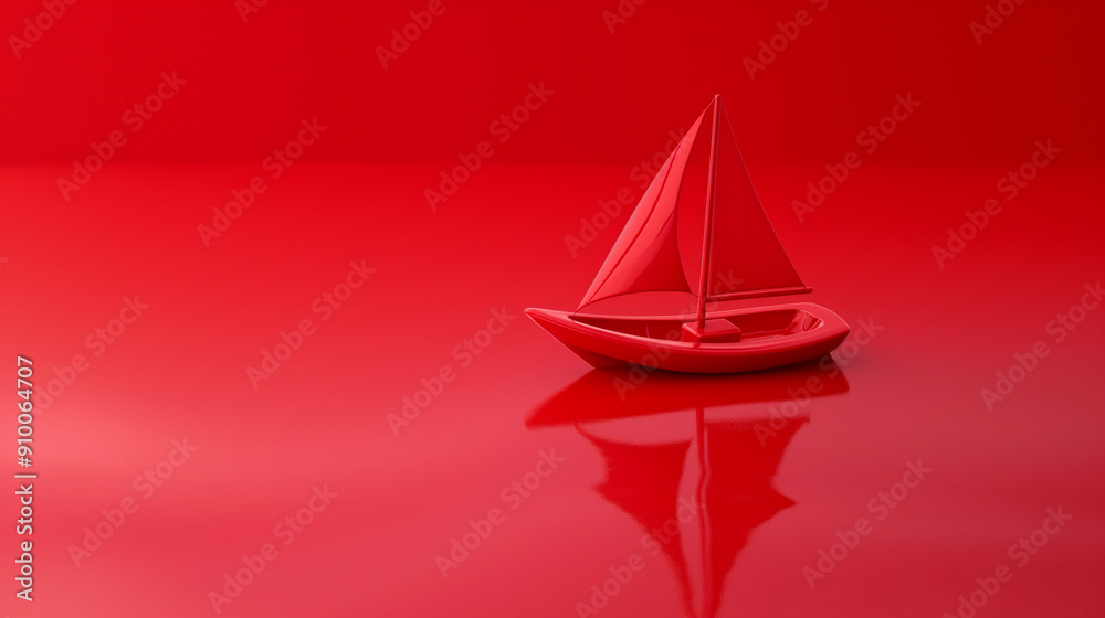Red boat figurine with minimalist design on a vibrant red background, striking and bold nautical concept Red boat figurine with minimalist design on a vibrant red background, striking and bold nautical concept