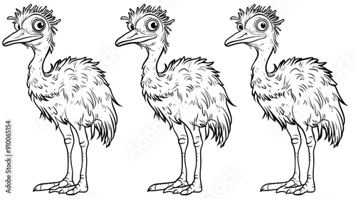 A delightful coloring page featuring three baby ostriches standing in a row, ideal for children's creative activities and educational fun. photo