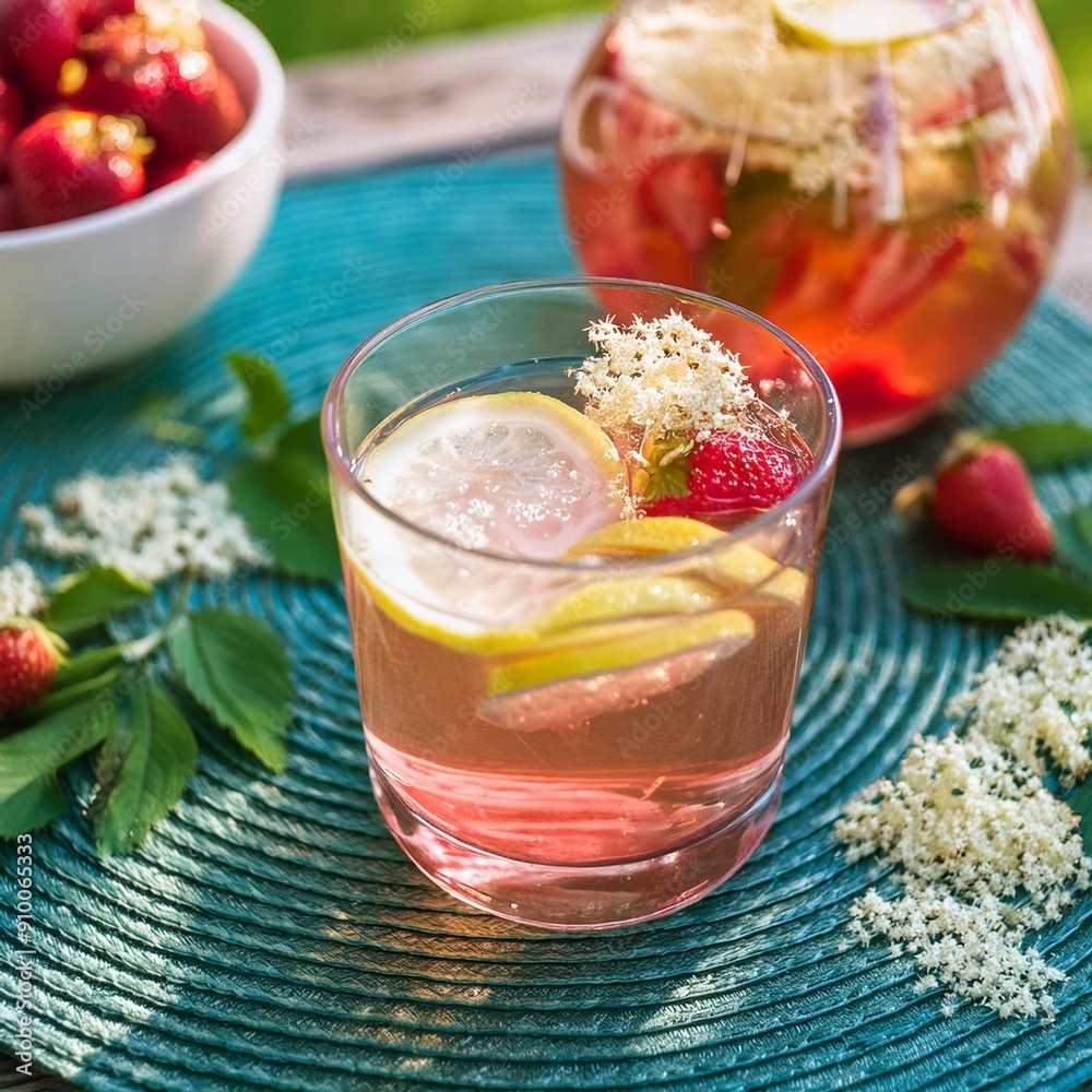 Summer lemonade made from elderflower cordial and strawberry. A cold refreshing drink in the sunny garden. Summer lemonade made from elderflower cordial and strawberry. A cold refreshing drink in the sunny garden.