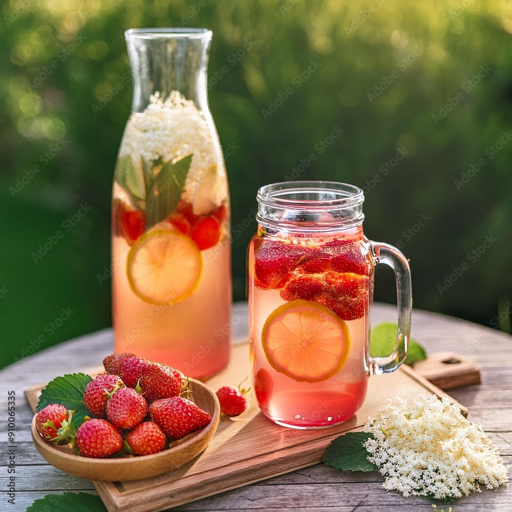 Summer lemonade made from elderflower cordial and strawberry. A cold refreshing drink in the sunny garden. Summer lemonade made from elderflower cordial and strawberry. A cold refreshing drink in the sunny garden.