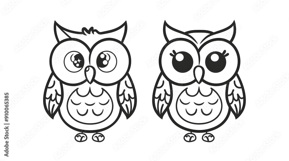 Charming coloring page featuring two identical, wide-eyed owls. Perfect for children's art activities and educational purposes. Charming coloring page featuring two identical, wide-eyed owls. Perfect for children's art activities and educational purposes.
