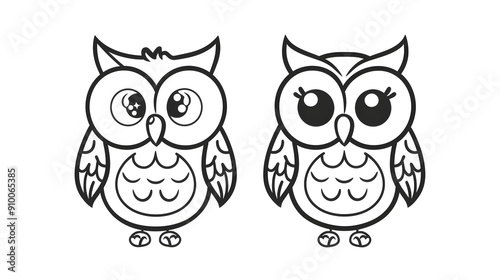 Charming coloring page featuring two identical, wide-eyed owls. Perfect for children's art activities and educational purposes.