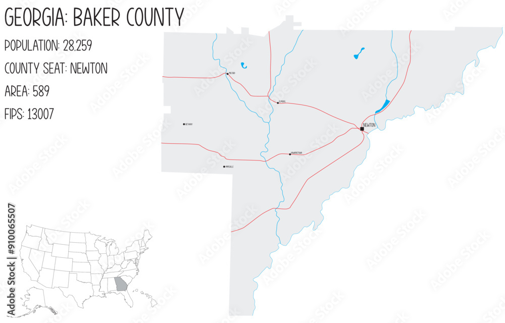 Fototapeta premium Large and detailed map of Baker County in Georgia, USA.